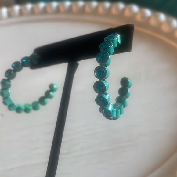 Teal Colored Rhinestone Hoop Earrings - Picture 9 of 11